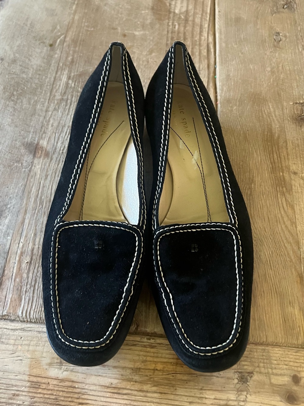 kate spade Black Suede Women's Loafers with White Contrast Stitching